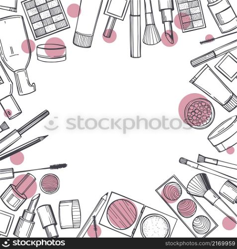 Hand-drawn decorative cosmetics for makeup. Vector background.. Decorative cosmetics for makeup.