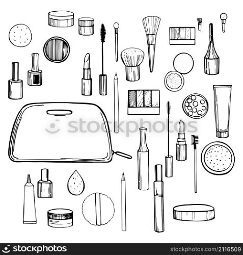 Hand drawn decorative cosmetics for makeup.Vector sketch illustration.