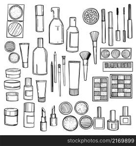 Hand drawn decorative cosmetics for makeup.Vector sketch illustration.. Decorative cosmetics for makeup.
