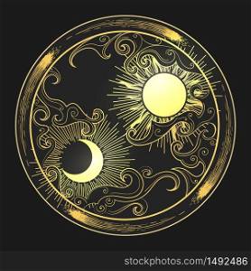 Hand drawn decorative graphic design element in oriental style. Sun, Moon, clouds and comets. Vector illustration.