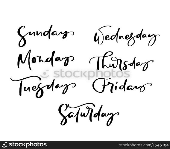 Hand drawn decorative lettering of days of the week with different letters in isolated on white background for calendar, planner, diary, decoration, sticker, poster.. Hand drawn decorative lettering of days of the week with different letters in isolated on white background for calendar, planner, diary, decoration, sticker, poster