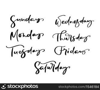 Hand drawn decorative lettering of days of the week with different letters in isolated on white background for calendar, planner, diary, decoration, sticker, poster.. Hand drawn decorative lettering of days of the week with different letters in isolated on white background for calendar, planner, diary, decoration, sticker, poster