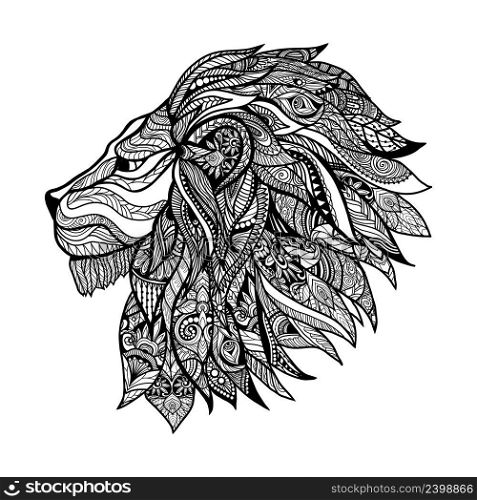 Hand drawn decorative lion head with floral ornament vector illustration. Decorative Lion Head