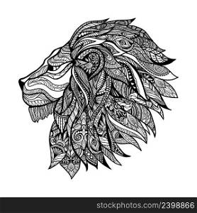 Hand drawn decorative lion head with floral ornament vector illustration. Decorative Lion Head