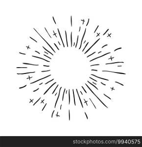 Hand drawn decorative starburst. Outline shining star with round frame and copy space. Isolated minimal explosion or firework. Contour line sketch of radial sunbeams. Flat style vector template. Hand drawn decorative starburst. Shining star with round frame and copy space. Isolated minimal explosion or firework. Contour sketch of radial sunbeams. Flat style vector template