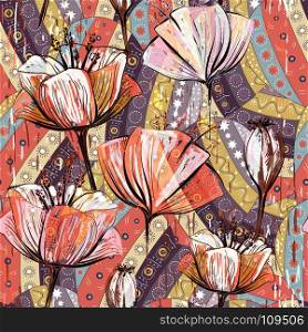 Hand drawn decorative tulips, seamless vector pattern. Hand drawn decorative tulips, seamless vector pattern. Colorful floral pattern