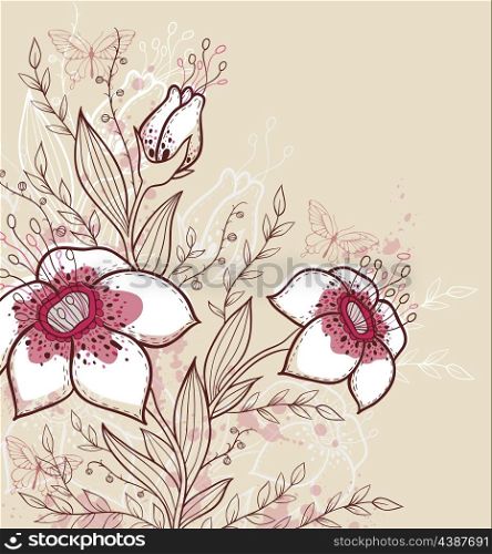 Hand drawn decorative vector background with red flowers