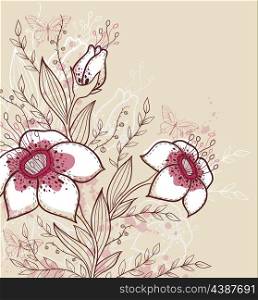 Hand drawn decorative vector background with red flowers