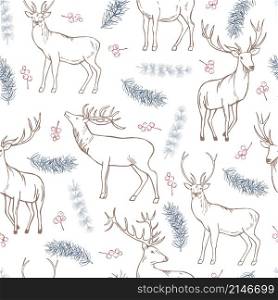 Hand-drawn deer. and coniferous branches. Vector seamless pattern.. Hand-drawn deer. and coniferous branches.
