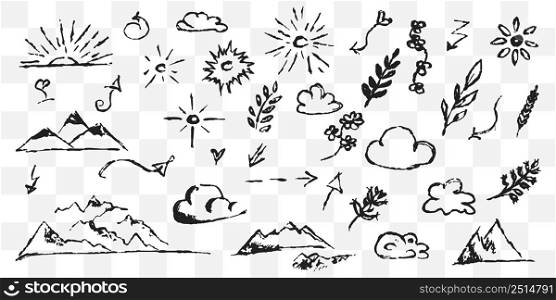 Hand drawn design element. Vector illustration. Doodle design. Sun Clouds Mountain Leaf Arrow and other. EPS 10.. Hand drawn design element. Vector illustration. Doodle design. Sun Clouds Mountain Leaf Arrow and other.