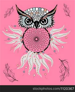 hand drawn Detailed ornate Owl with dream catcher in zentangle style. banner invitation card t-shirt bag postcard poster. hand drawn Detailed ornate Owl with dream catcher in zentangle style. banner, invitation, card, t-shirt, bag, postcard, poster.