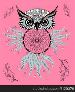 hand drawn Detailed ornate Owl with dream catcher in zentangle style. banner invitation card t-shirt bag postcard poster. hand drawn Detailed ornate Owl with dream catcher in zentangle style. banner, invitation, card, t-shirt, bag, postcard, poster.