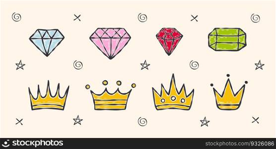Hand-drawn diamonds and crowns for design. Casual doodles icons and objects. Vector scalable graphics