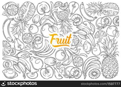 Hand drawn different fruits banana, pineapple, apple, pear etc. Kiwi, peach and apricot doodle set background. Hand drawn fresh fruits banana, pineapple