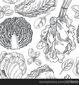 Hand drawn different kinds of lettuce on white background. Vector seamless pattern. . Different kinds of lettuce . Vector pattern.