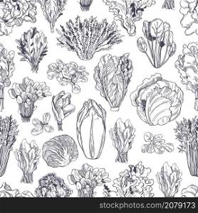 Hand drawn different kinds of lettuce on white background. Vector seamless pattern