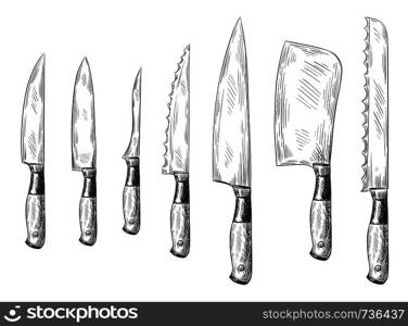 Hand drawn dinner knife. Vintage chef knives, engraved kitchen knife. Antique engraving food cutlery, restaurant dinner silver knifes utensil. Isolated icon vector illustration set. Hand drawn dinner knife. Vintage chef knives, engraved kitchen knife vector illustration set