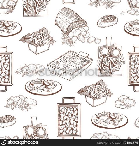 Hand-drawn dishes from potatoes. French fries, rustic fries, baked potatoes, casserole. Vector seamless pattern . Dishes from potatoes.Vector pattern
