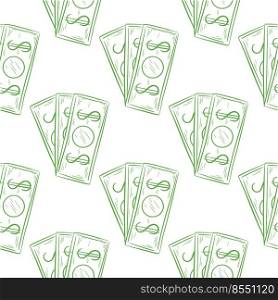Hand drawn dollars seamless pattern. Background monetary units of America. Print green banknotes of cash on white background. Repeat template for textile, packaging and design vector illustration. Hand drawn dollars seamless pattern