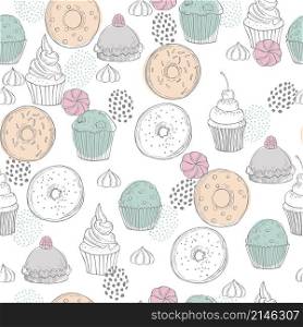 Hand drawn donuts and cupcakes. Vector seamless pattern