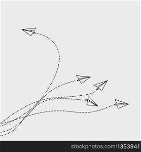 hand drawn doodle airplane changing direction and white ones. New idea, change, trend, courage, creative solution, innovation and unique way concept.Vector illustration flat design