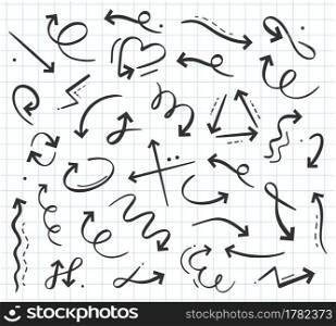 Hand drawn doodle arrow icon in various directions set. Curly cursors, pointers up, down, left, right. Rotating sign. Lines shaping heart, cross, curves, way indicator vector illustration. Hand drawn doodle arrow icon in various directions set. Curly cursors, pointers up, down, left, right