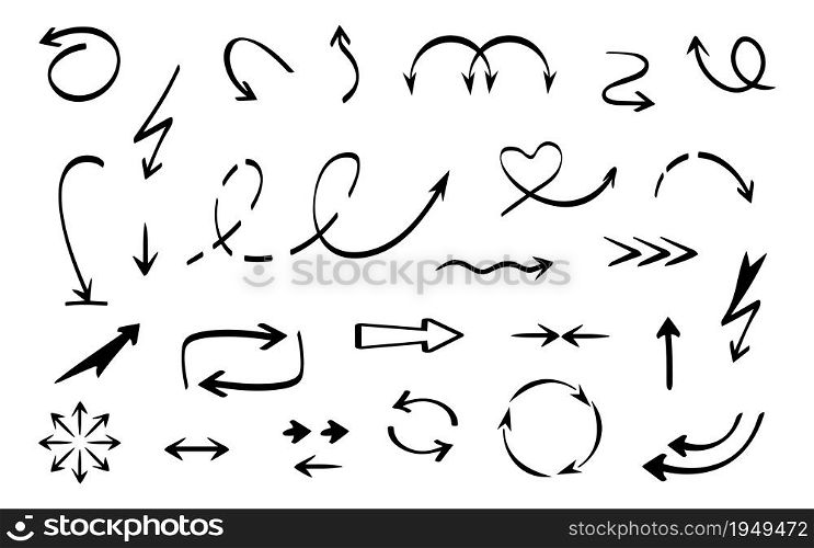 Hand drawn doodle arrows. Isolated black scribble cursor or pointer vector set. Arrow scribble sketchy, doodle cursor collection illustration. Hand drawn doodle arrows. Isolated black scribble cursor or pointer vector set