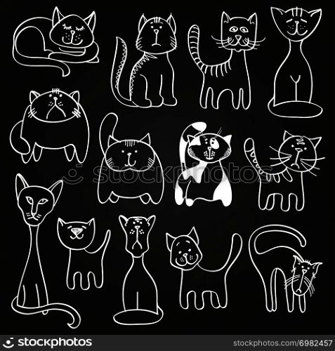 Hand drawn doodle cats set on blackboard. Sketch cats on blackboard, vector illustration. Hand drawn doodle cats set on blackboard