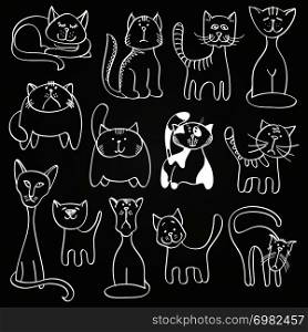 Hand drawn doodle cats set on blackboard. Sketch cats on blackboard, vector illustration. Hand drawn doodle cats set on blackboard