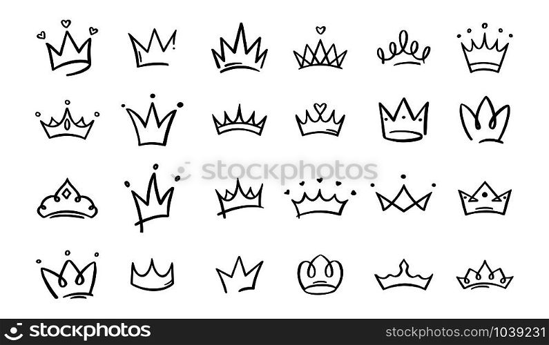 Hand drawn doodle crowns. King crown sketches, majestic tiara, king and queen royal diadems vector. Line art prince and princess luxurious head accessories isolated on white background. Hand drawn doodle crowns. King crown sketches, majestic tiara, king and queen royal diadems vector. Line art prince and princess luxurious head accessories illustrations collection