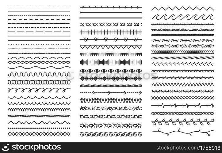 Hand drawn doodle dividers. Abstract doodle lines, decorative pencil strokes. Outline sketched dividers vector illustration set. Zigzag, waves and curves stripes, ornament for invitation. Hand drawn doodle dividers. Abstract doodle lines, decorative pencil strokes. Outline sketched dividers vector illustration set