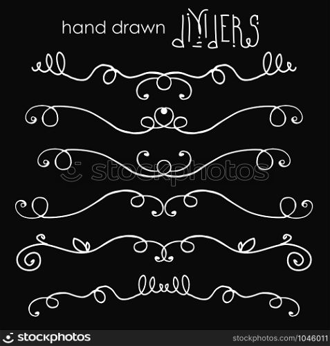 Hand drawn doodle dividers, white line border on dark background, vector illustration. Hand drawn doodle dividers, white line border on dark background