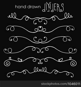 Hand drawn doodle dividers, white line border on dark background, vector illustration. Hand drawn doodle dividers, white line border on dark background