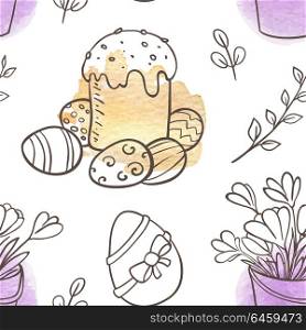 Hand drawn doodle Easter seamless pattern with cake and flowers on a white background