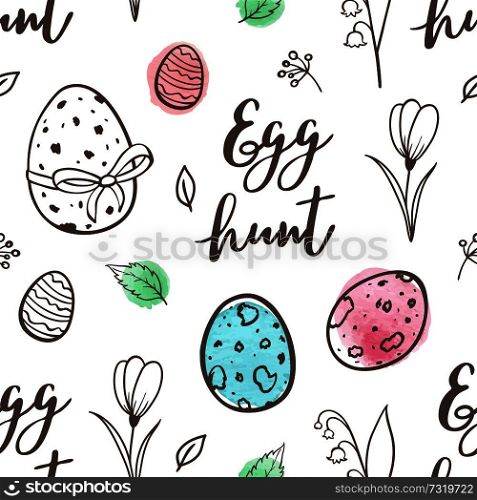 Hand drawn doodle Easter seamless pattern with eggs and flowers on a white background. Vector illustration.