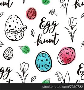 Hand drawn doodle Easter seamless pattern with eggs and flowers on a white background. Vector illustration.