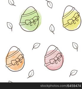 Hand drawn doodle Easter seamless pattern with eggs and watercolor blots on a white background