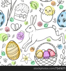 Hand drawn doodle Easter seamless pattern with eggs, rabbit and chicken on a white background. Vector illustration.