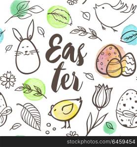 Hand drawn doodle Easter seamless pattern with rabbit and birds on a white background