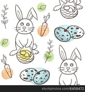 Hand drawn doodle Easter seamless pattern with rabbit and eggs on a white background