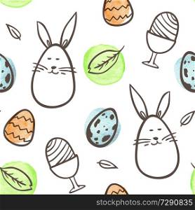 Hand drawn doodle Easter seamless pattern with rabbit and eggs on a white background. Vector illustration.