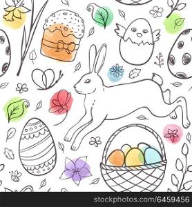 Hand drawn doodle Easter seamless pattern with rabbit and watercolor blots on a white background