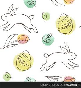 Hand drawn doodle Easter seamless pattern with rabbit, eggs and tulips on a white background