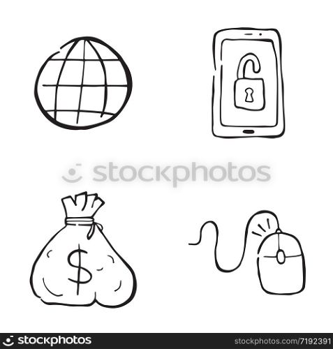 Hand drawn doodle icon objects. Internet world, unlocked smartphone, dollar money sack and mouse left click. Black outlines and white.