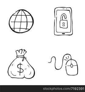 Hand drawn doodle icon objects. Internet world, unlocked smartphone, dollar money sack and mouse left click. Black outlines and white.