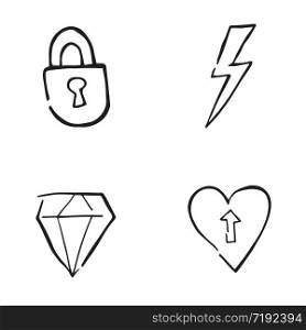 Hand drawn doodle icon objects. Locked padlock, electric, diamond and heart arrow up. Black outlines and white.