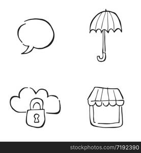 Hand drawn doodle icon objects. Speech bubble, umbrella, locked cloud and shop store. Black outlines and white.