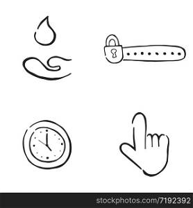 Hand drawn doodle icon objects. Water drop and hand, locked password, clock time and hand cursor. Black outlines and white.