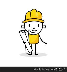 Hand drawn doodle line art of young male architect holding blueprint paper. Professional work job occupation. Vector stock illustration.