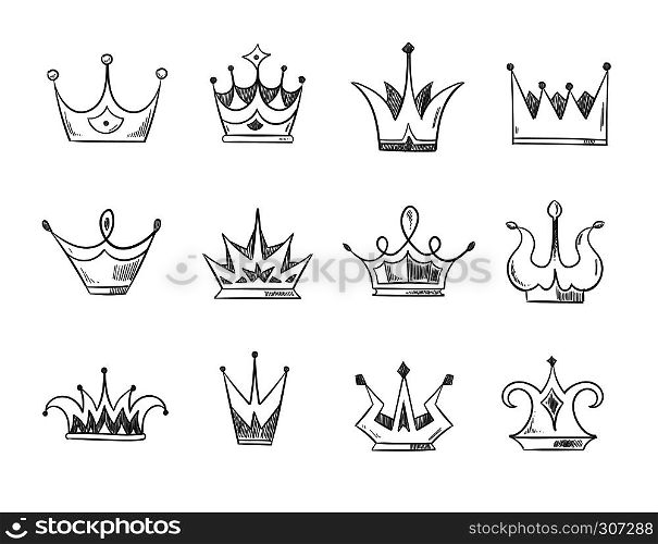 Hand drawn doodle nobility queens crowns vector. Set of line crowns, illustration of crown for prince or monarch. Hand drawn doodle nobility queens crowns vector set